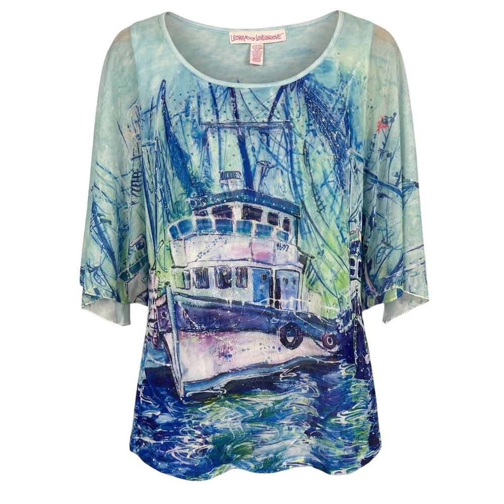 Leoma Lovegrove Womens S Nautical Coastal Artsy Resortwear Rhinestone Blouse